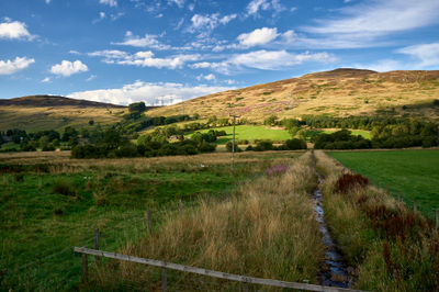 The rich farmland, and woods of Scotland's Glen Quaich are all set against a picture-perfect sky