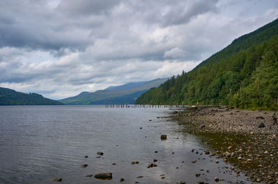 The gravel beach, woodland, and far-off hills of Loch Tay's beaches