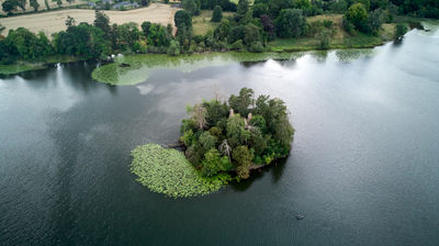 aerial photo of a loch in Scotland with a little island in the centre