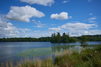 A small island (crannog) on a scottich loch under a blue sky