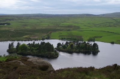 A serene photo of a lake surrounded by green fields and a blue sky with white clouds. A river adds depth, and a rock stands out. The water reflects the peaceful setting.