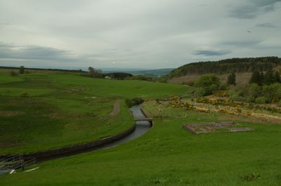 A serene landscape with a river and grassy fields. Moody sky, occasional sunlight. Person contemplates amidst greenery. Ideal for peaceful walks or introspection.