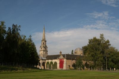 Spire Tower Monastery Grass Lawn Arch