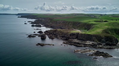 An aerial view of a rocky seashore