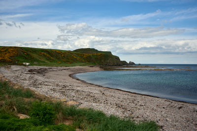 A beach surrounded by green hills on Moray Firth