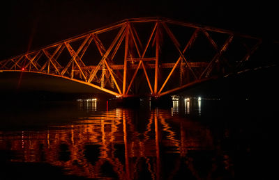 Forth Rail Bridge at night. Red railroad bridge over Firth of Forth