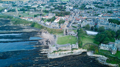 St Andrews Castle - ruin - at seashore. Drone photo