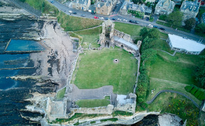 St Andrews Castle - ruin - at seashore. Drone photo