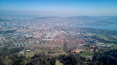 Drone view on Uetliberg mountain. Panoramic view with Zurich and Lake Zurich