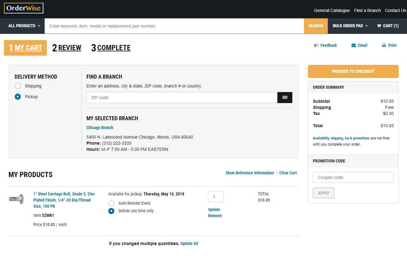 New cart view and one-page checkout now feature pickup delivery method and display expected arrival date or product availability in selected fulfillment centers
