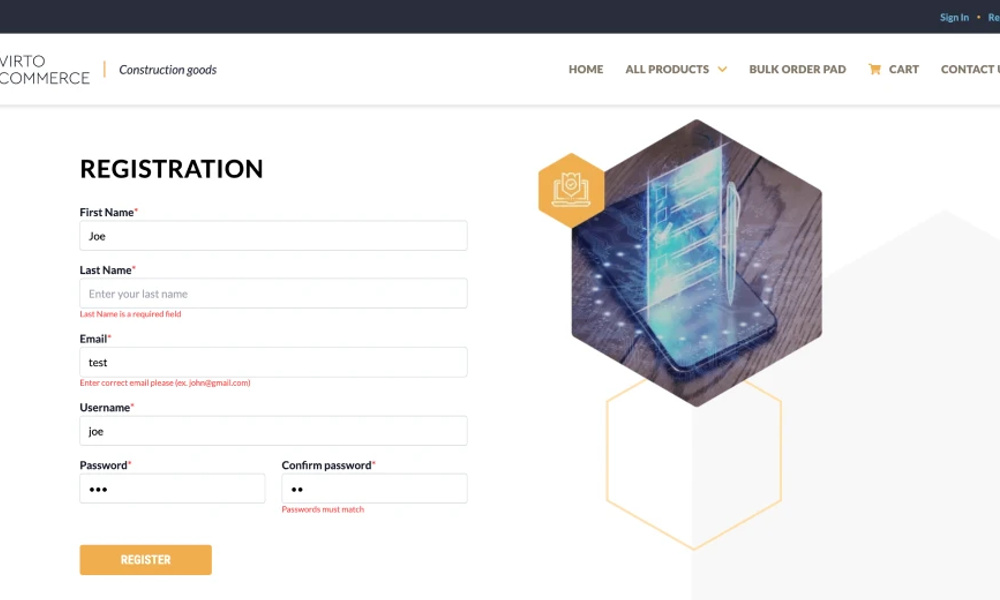 Virto sign-up page