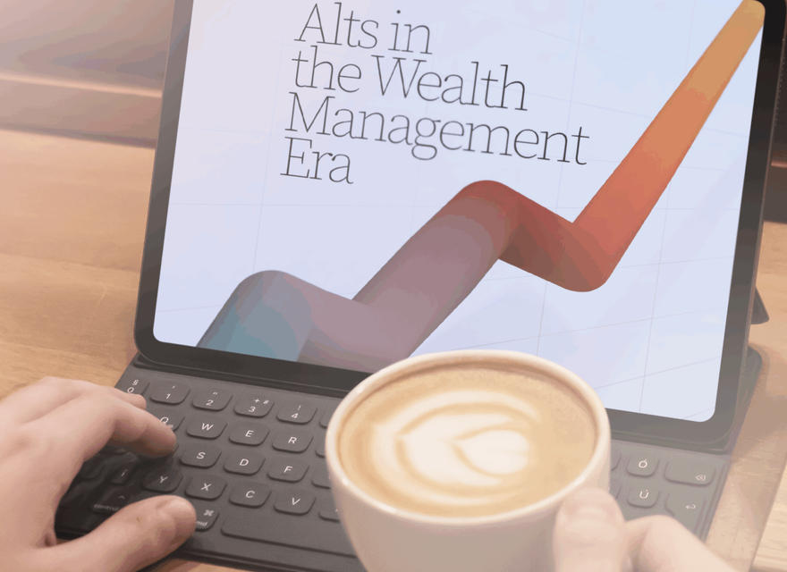 Person reading report titled 'Alts in the Wealth Management Era' on a laptop, and holding a cup of coffee