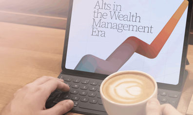 Person reading report titled 'Alts in the Wealth Management Era' on a laptop, and holding a cup of coffee