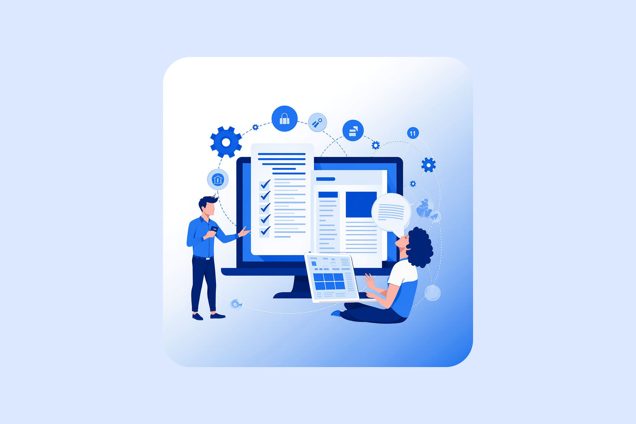 Marketing-Team plant Blogpost-Workflow am Laptop mit Checkliste