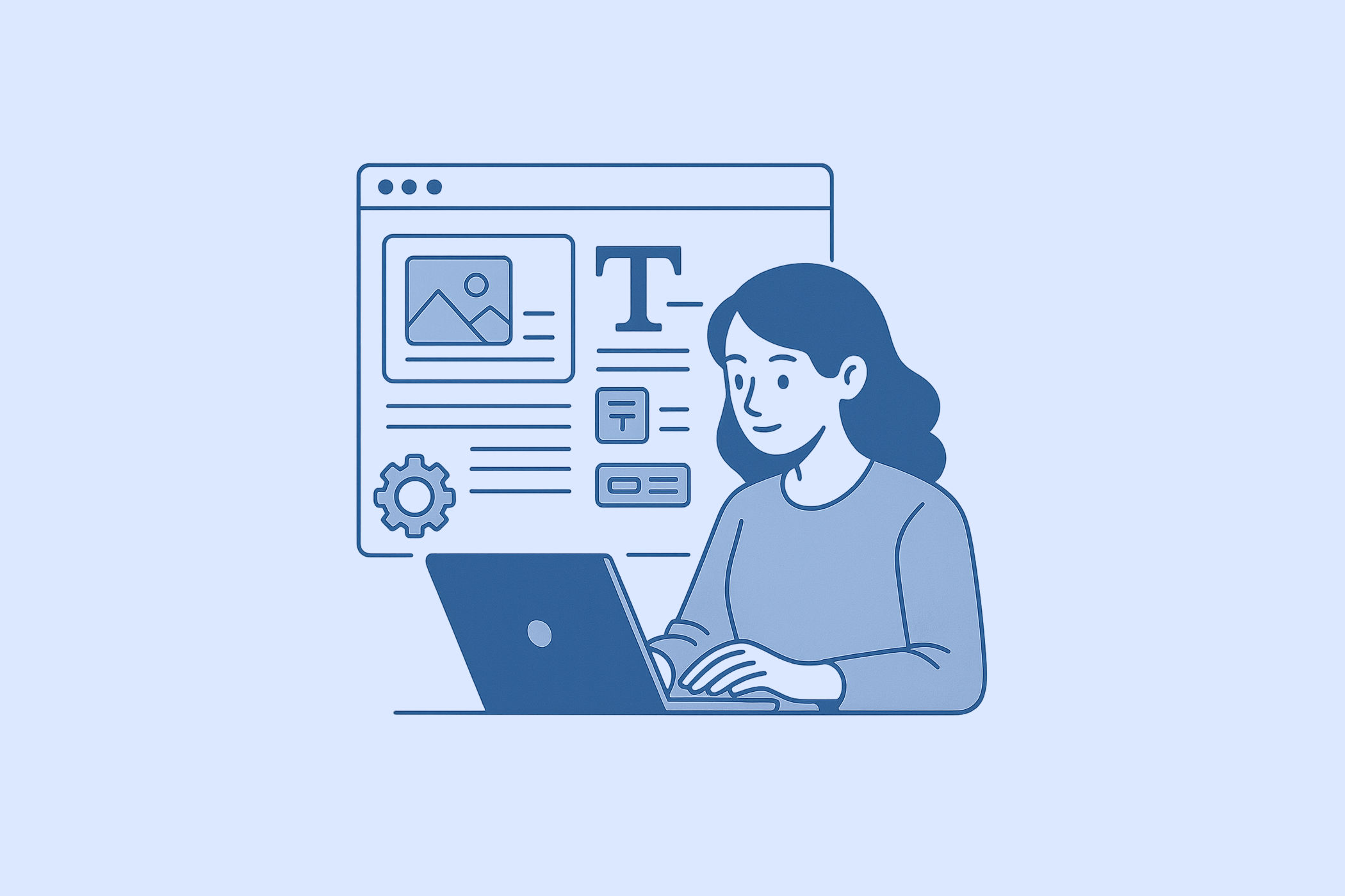 Frau arbeitet am Laptop in blauer Illustration, symbolisiert modernes Content-Management.