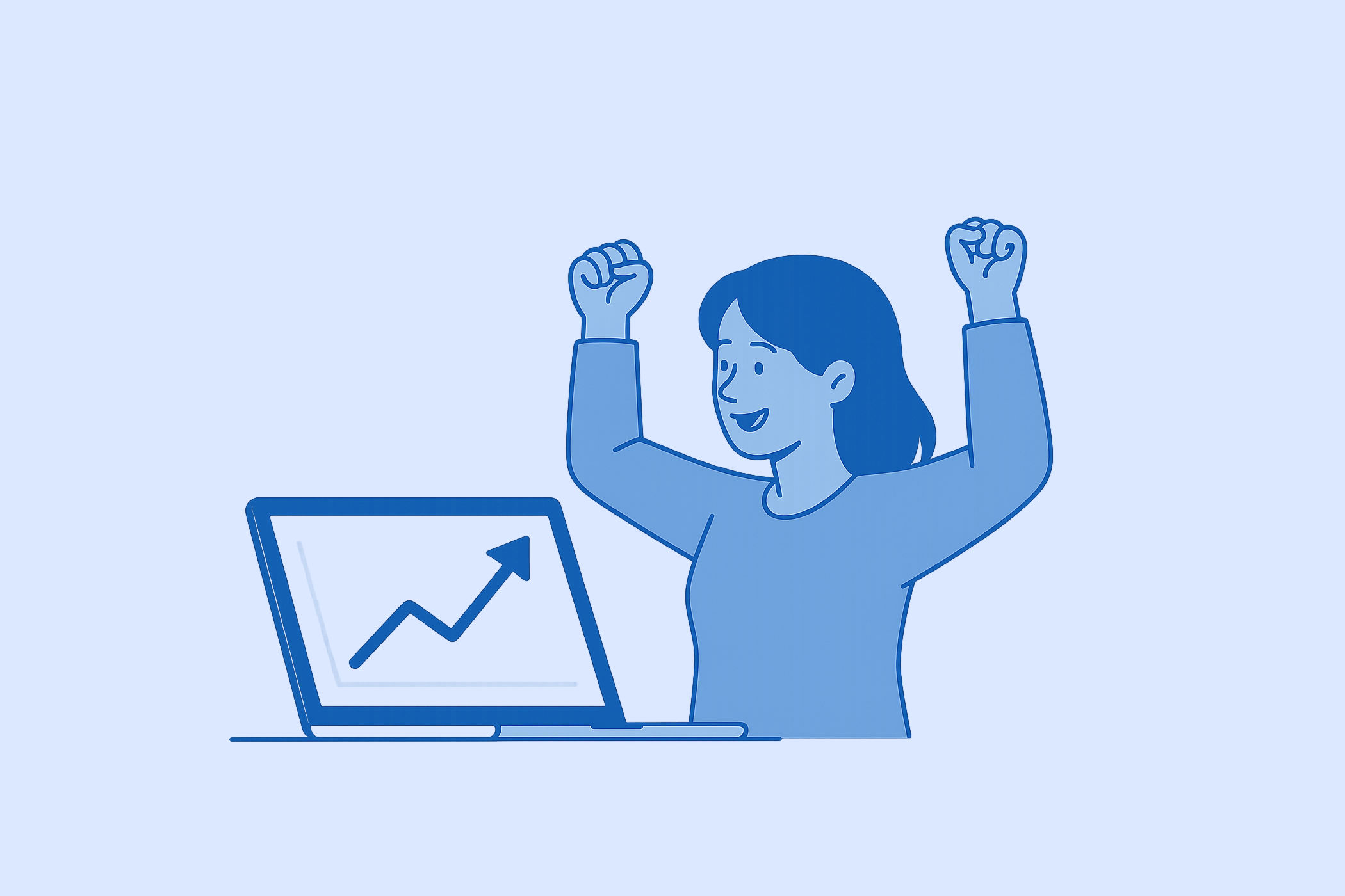 Person feiert erfolgreiches Website-Ranking – Laptop zeigt steigende SEO-Kurve.