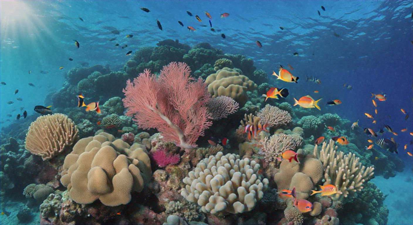 A colorful coral reef teeming with diverse fish swimming among the corals in clear blue water.