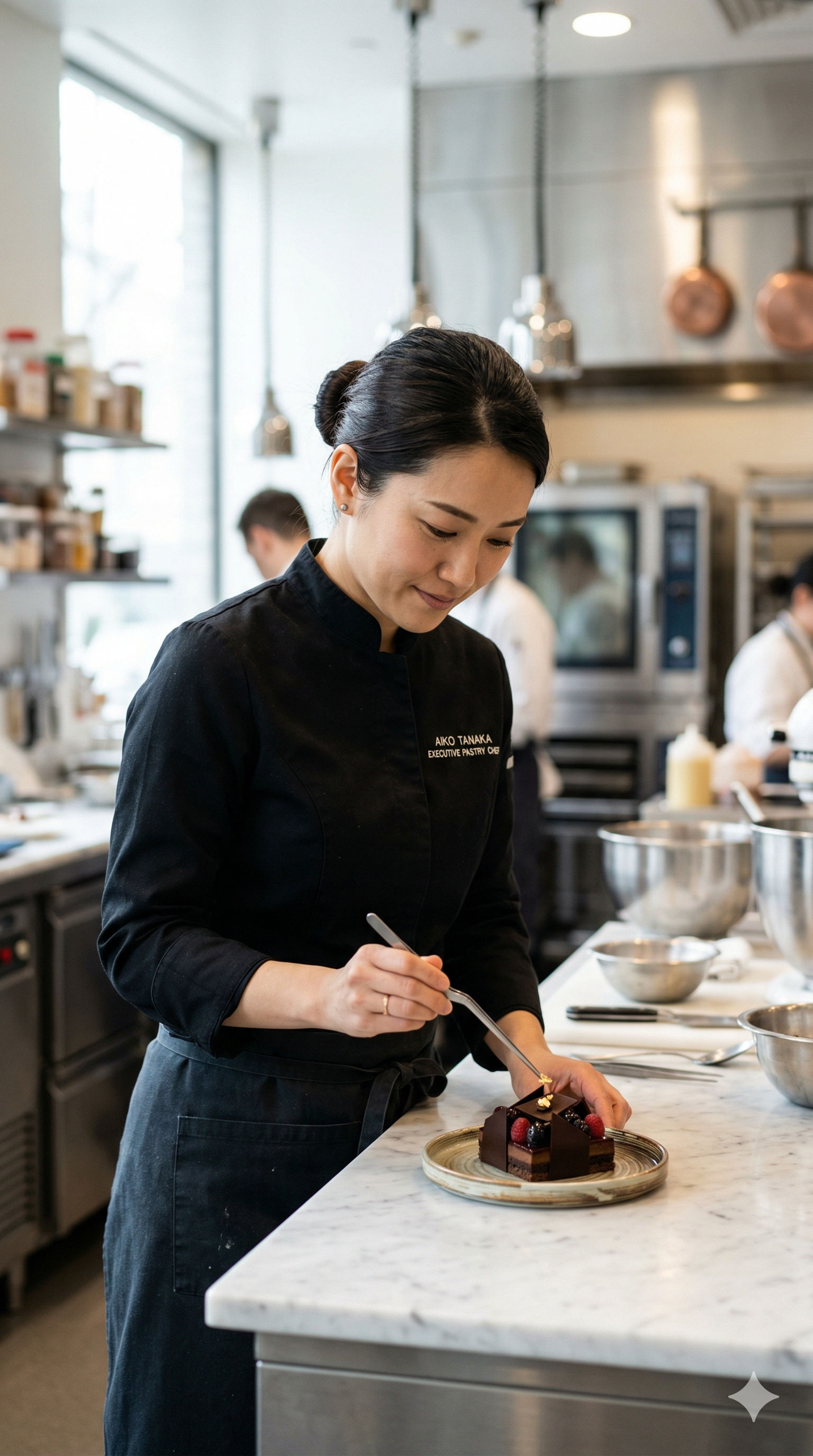 Executive Pastry Chef Yuki Tanaka meticulously applying a gold leaf garnish to a modern chocolate dessert in a commercial kitchen.