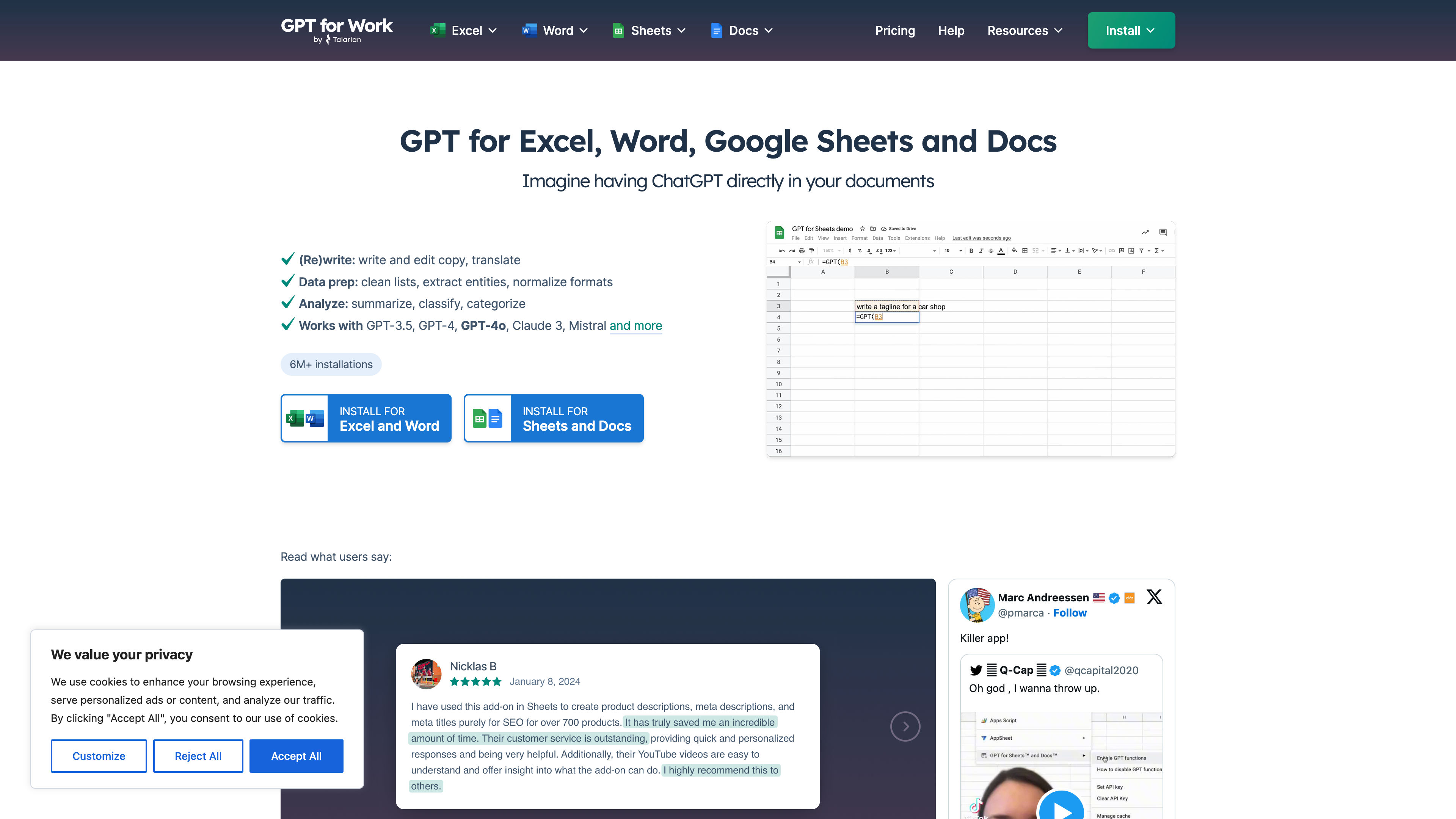 GPT for Excel, Word, Google Sheets and Docs