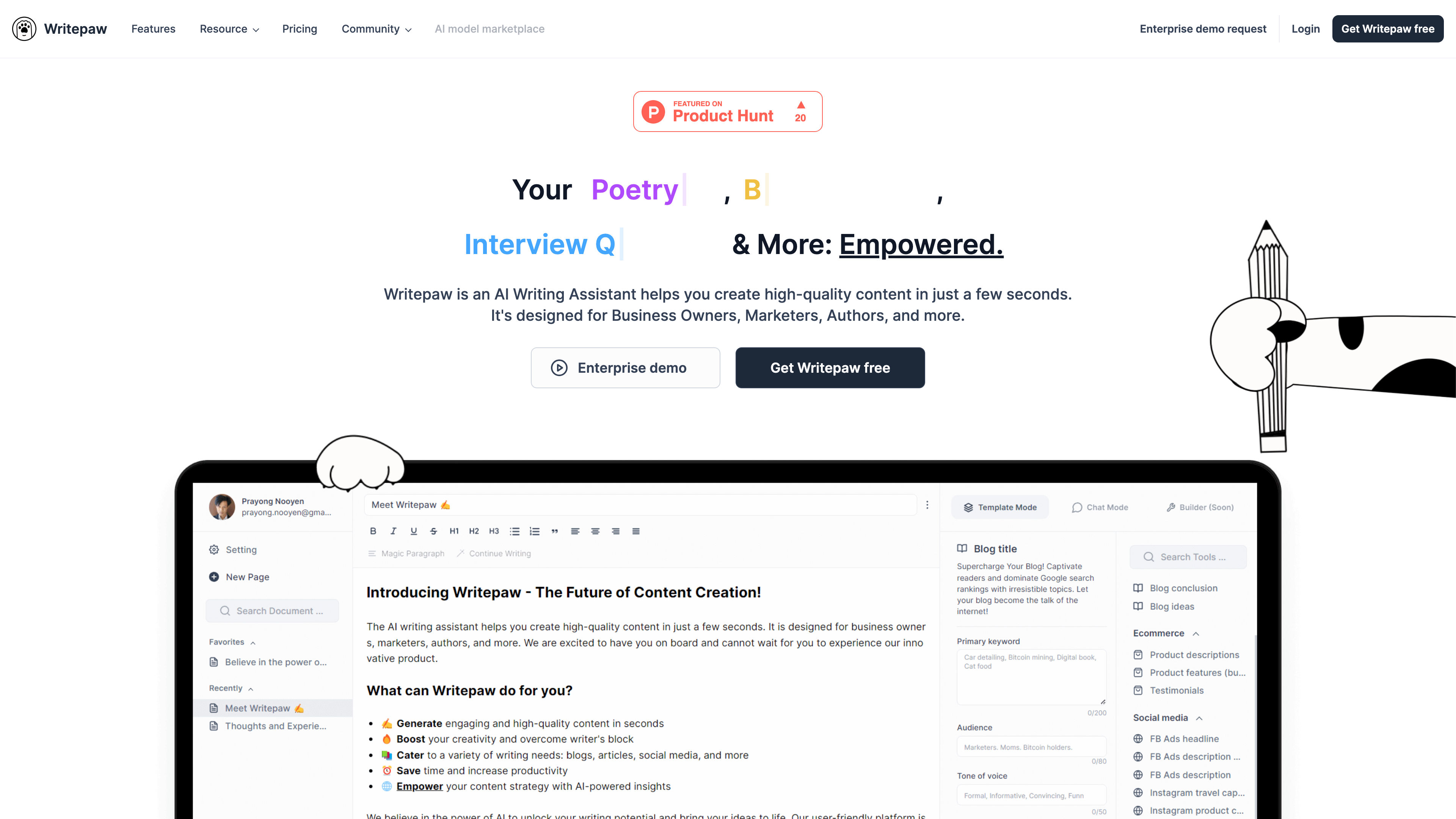 Writepaw | AI writing assistant for content creation and control