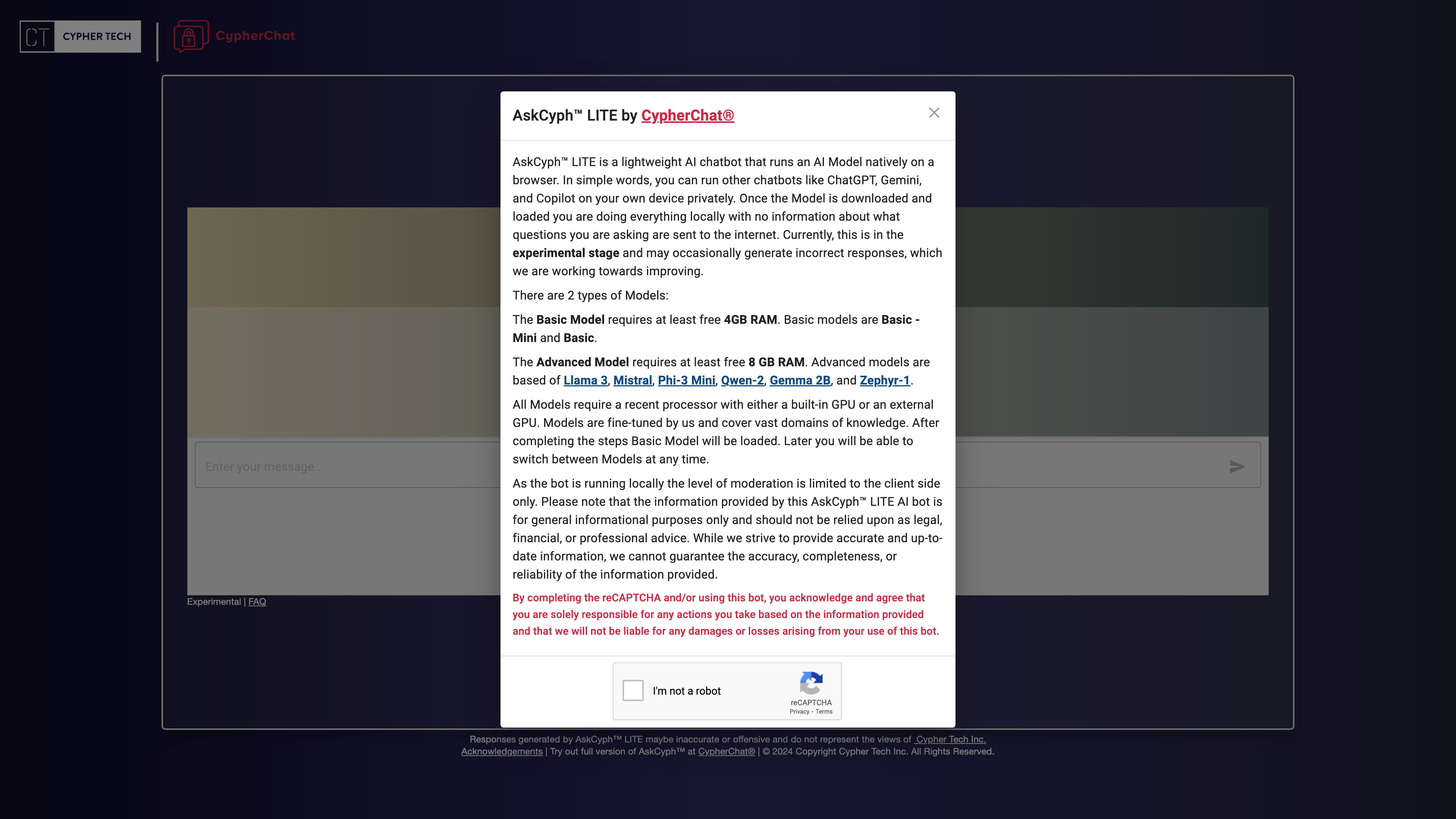 AskCyph™ LITE - Private, Accessible, Personal AI Chatbot running AI in your browser by CypherChat | Cypher Tech Inc.