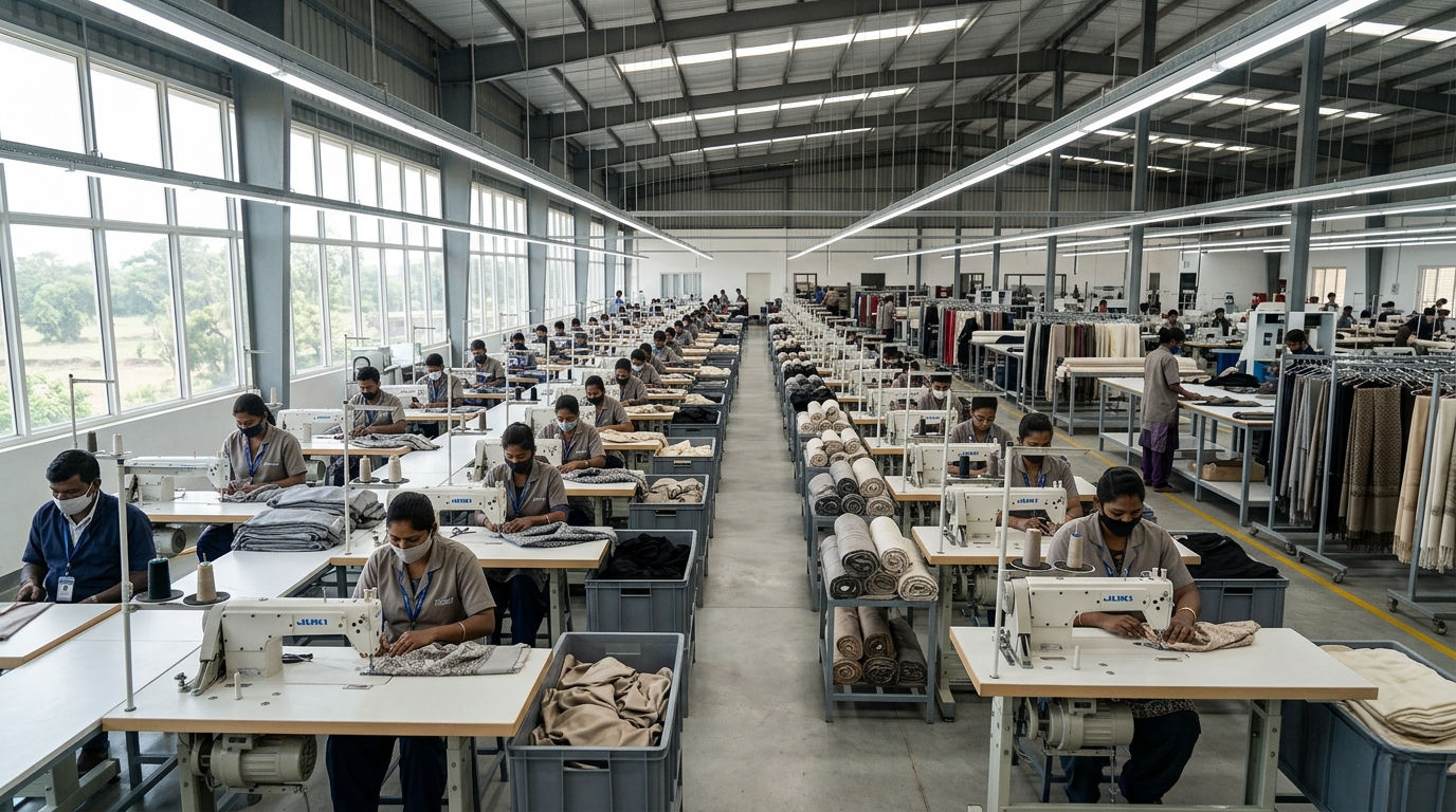 extile workers arranging fabric swatches and patterns for quality control and finishing