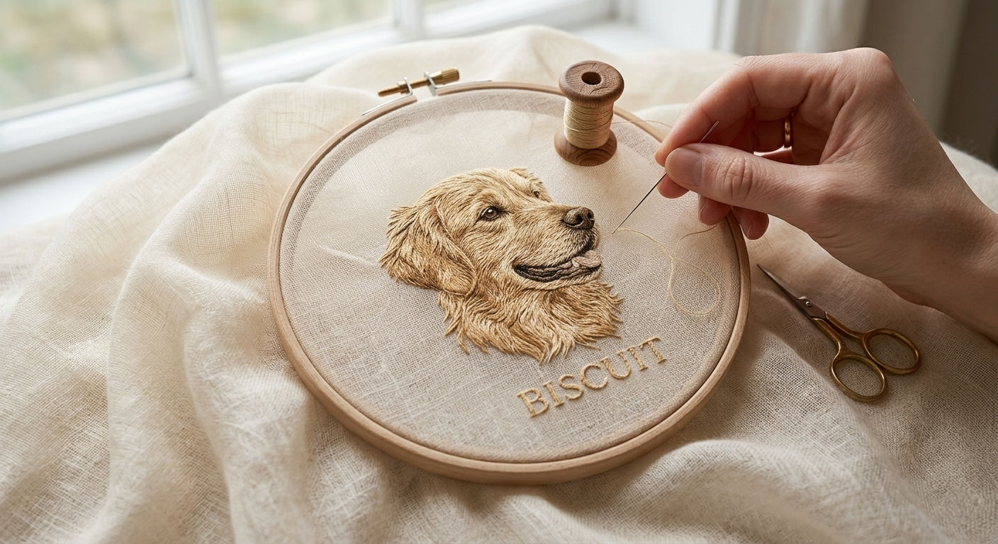 Hand-embroidered pet portrait on cashmere