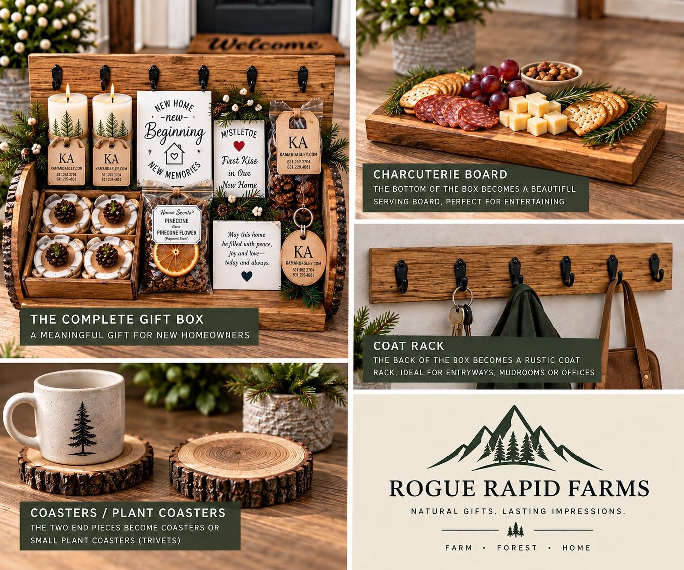 Rogue Rapid Farms gift box separated into reusable charcuterie board, coat rack, and wood coaster pieces