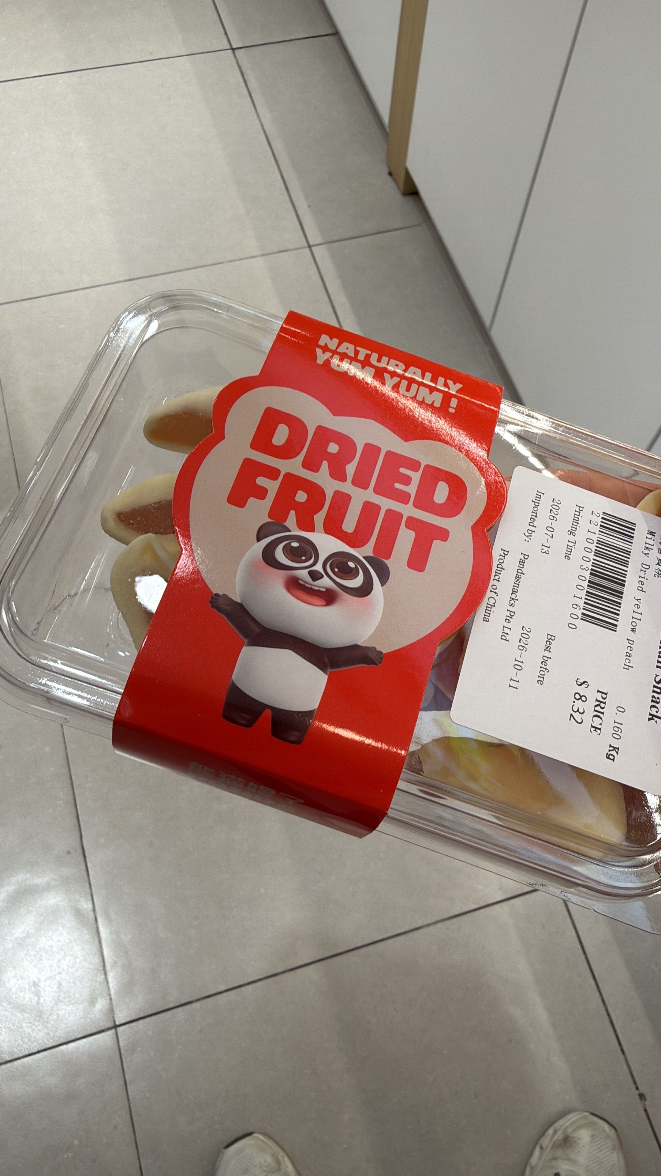 Panda Snacks peach dried fruit pack with red panda branding