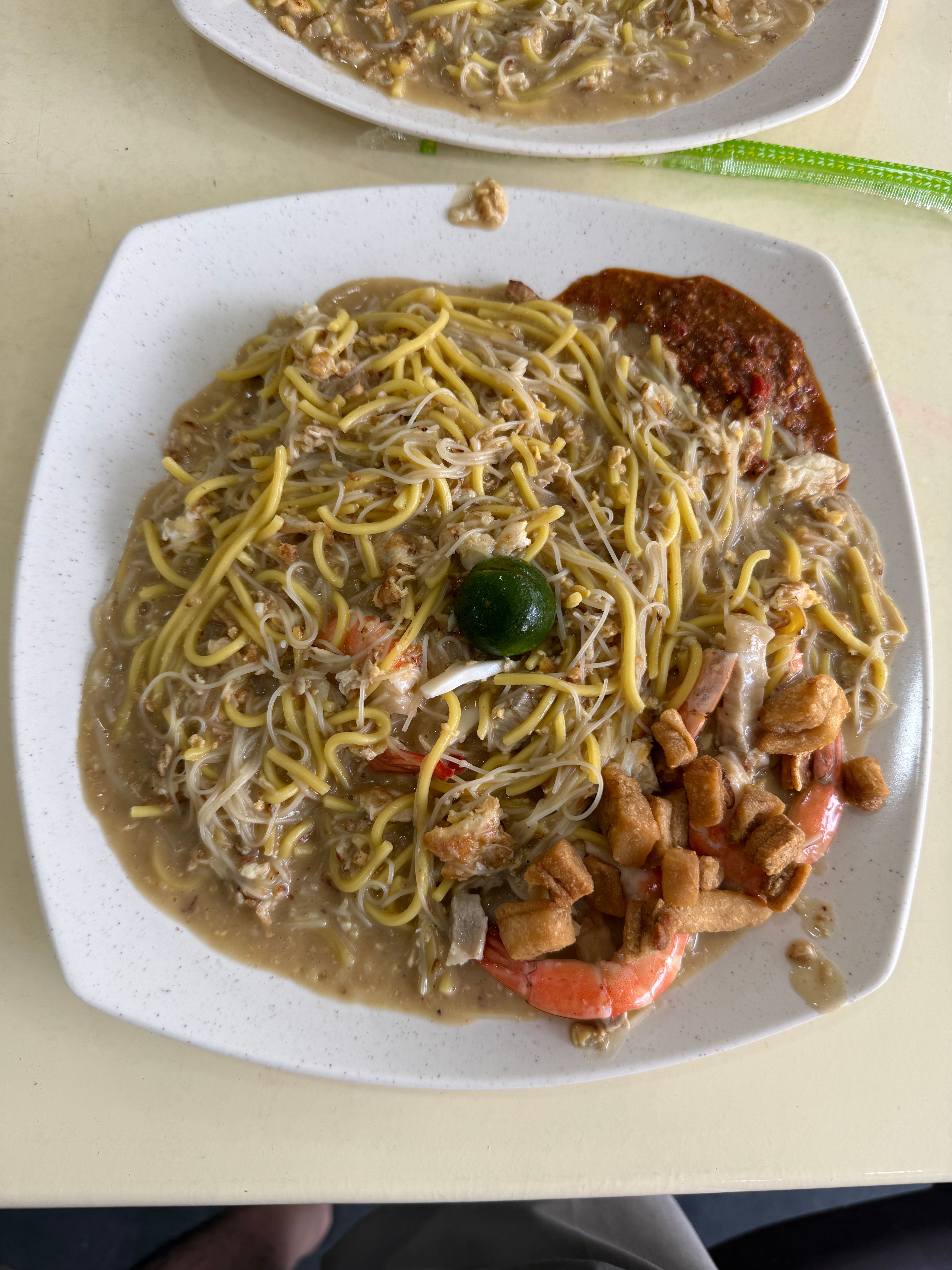 Shiok Hokkien Mee Woodlands medium fried Hokkien prawn mee with prawns pork lard sambal and calamansi
