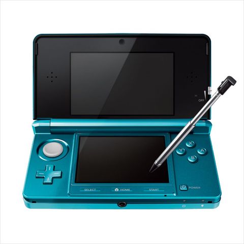 An aqua-blue Nintendo 3DS with a stylus on a white background