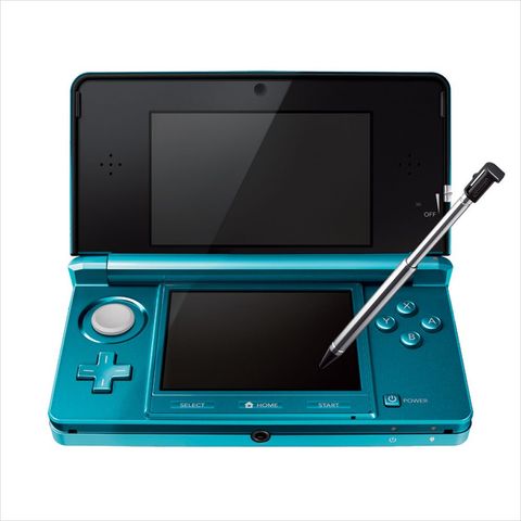 An aqua-blue Nintendo 3DS with a stylus on a white background