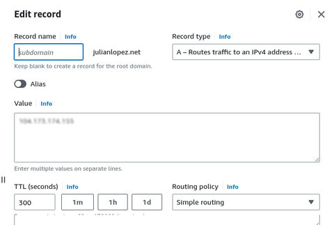 A screenshot of an AWS Route 53 A record.