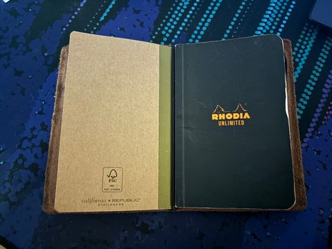 A photo of a Rhodia Unlimited notebook inside a leather case.