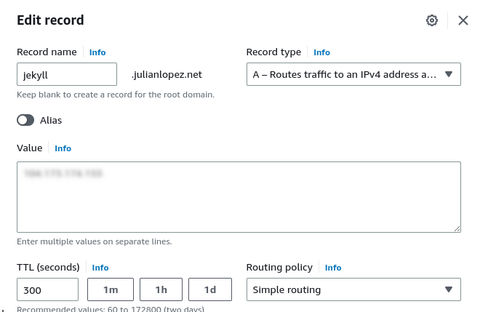 A screenshot of an AWS Route 53 domain record.