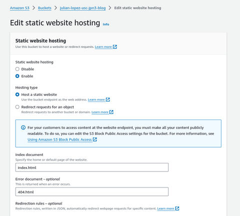 A screenshot of AWS S3 static website hosting settings.