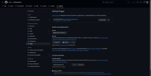 A screenshot of the GitHub Pages settings for a website.