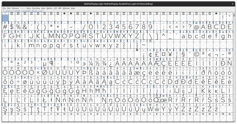 A screenshot of FontForge displaying various characters within a font.