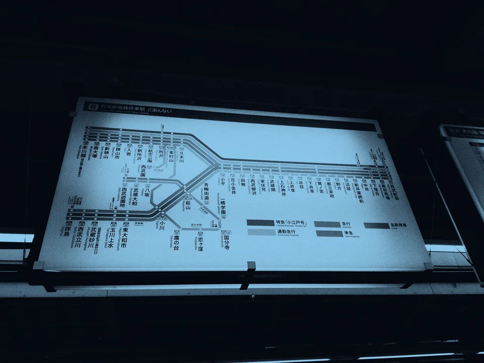 An illuminated train route map.