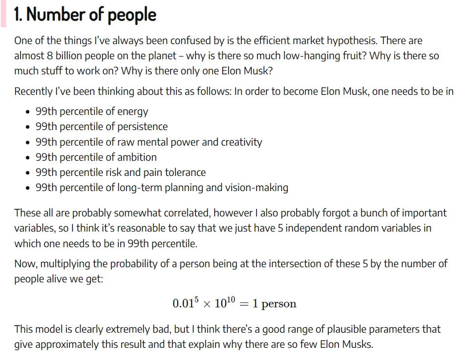 Excerpt from Alexey Guzey on how several rare traits combine to make exceptional performers uncommon.