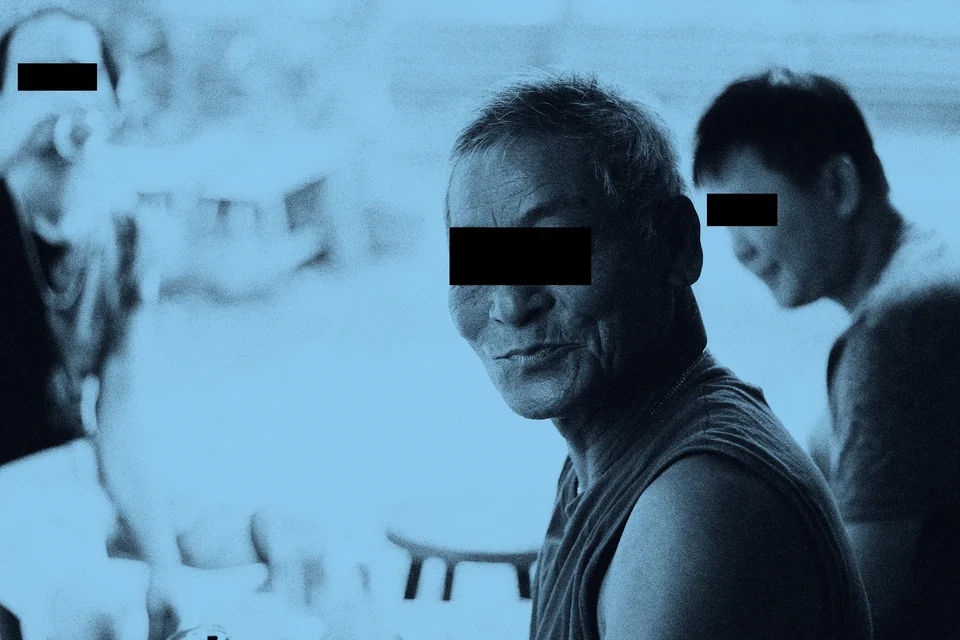An outdoor family gathering, with black eye bars and the monk filter.
