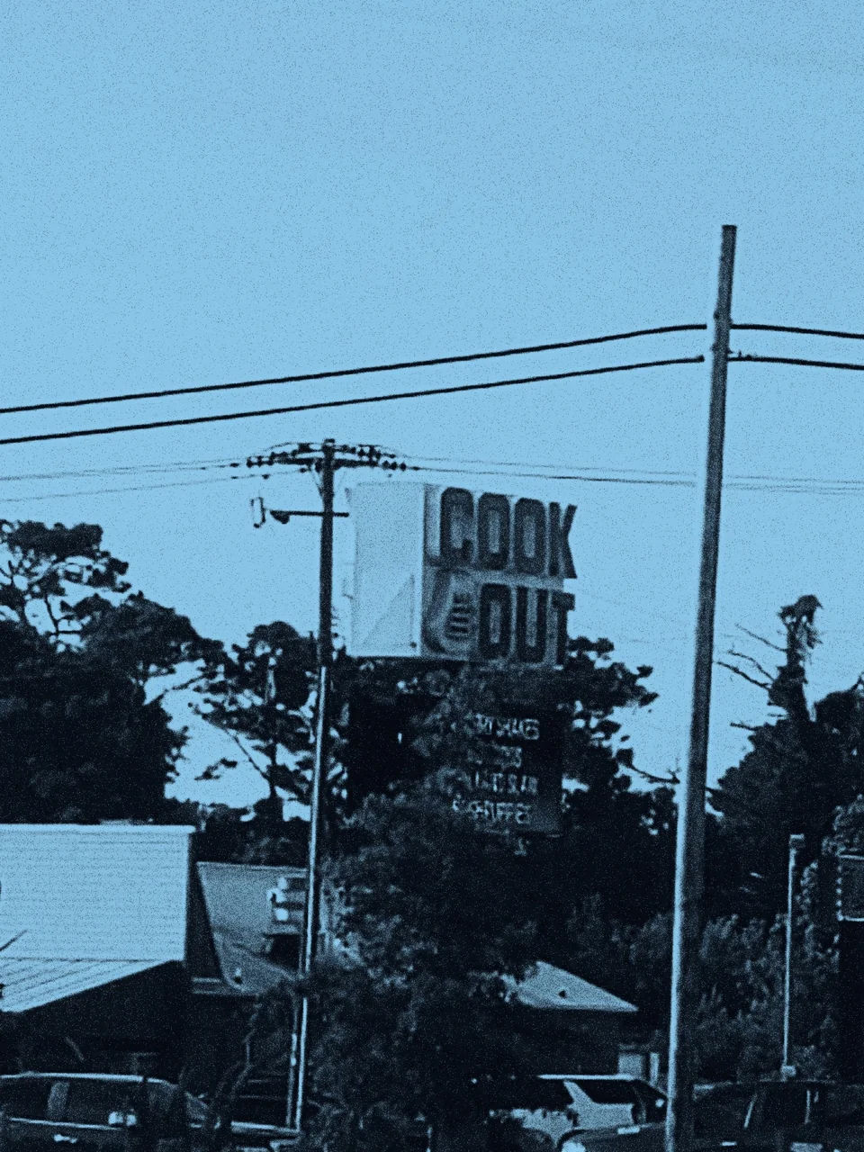 A Cook Out sign above roadside buildings and trees.