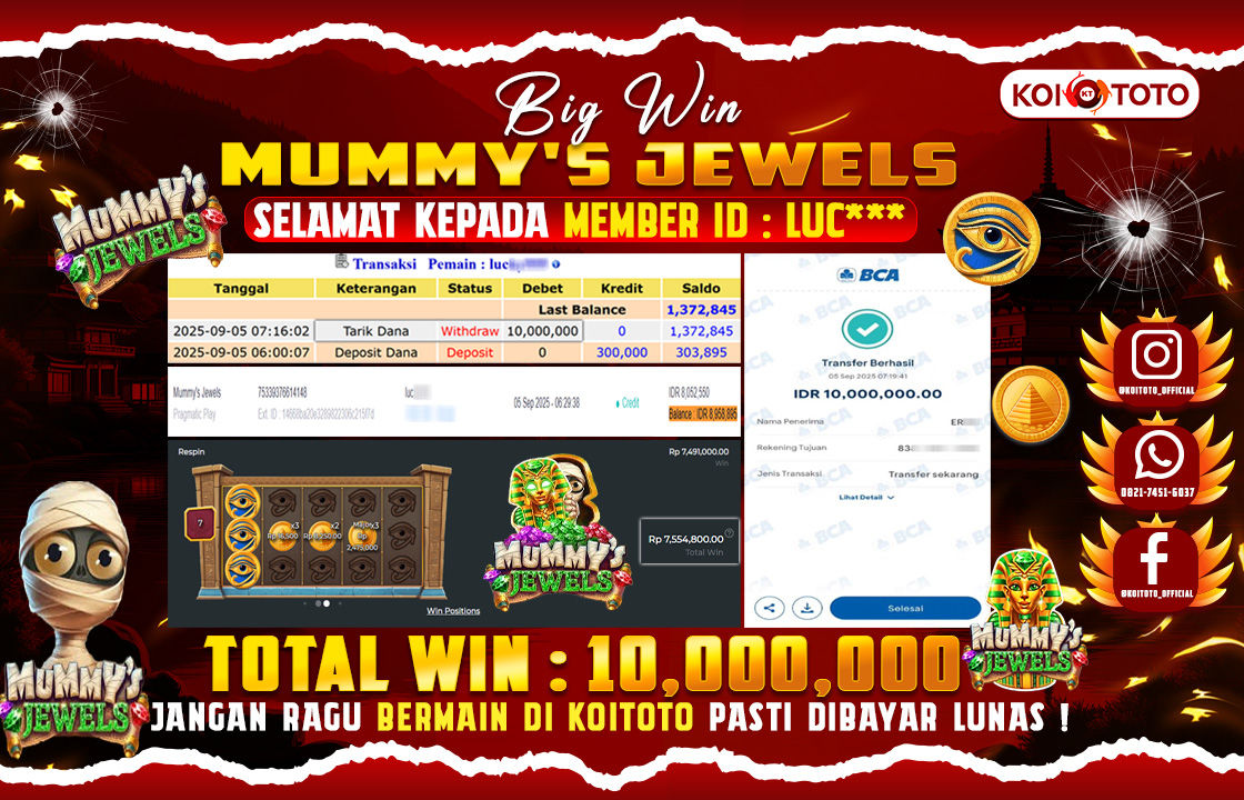 BIG WIN !! MENANG BESAR DI PERMAINAN MUMMY S JEWELS SEBESAR RP 10.000.000 !!! KOITOTO LANGSUNG BAYAR LUNAS