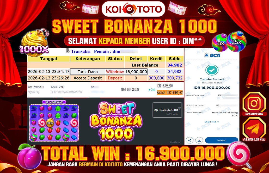 BIG WIN !! MENANG BESAR DI PERMAINAN SWEET BONANZA 1000 !!! KOITOTO BAYAR LANGSUNG LUNAS SEBESAR Rp 16.900.000 !!!