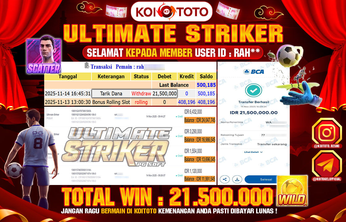 MEGA WIN !! MENANG BESAR DI PERMAINAN ULTIMATE STRIKER !!! KOITOTO BAYAR LANGSUNG LUNAS SEBESAR Rp 21.500.000 !!!