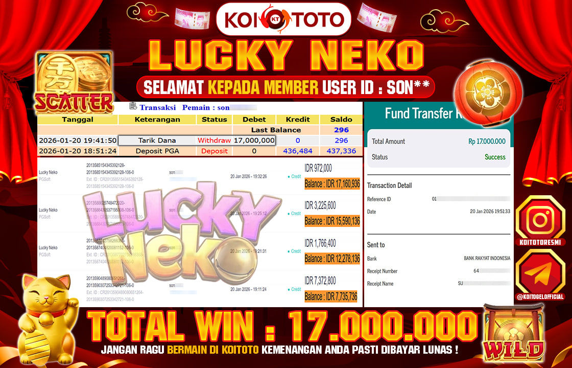 BIG WIN !! MENANG BESAR DI PERMAINAN LUCKY NEKO !!! KOITOTO BAYAR LANGSUNG LUNAS SEBESAR Rp 17.000.000 !!!