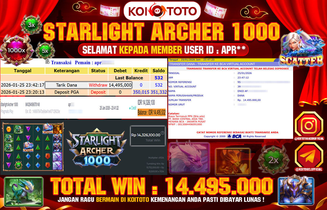 BIG WIN !! MENANG BESAR DI PERMAINAN STARLIGHT ARCHER 1000 !!! KOITOTO BAYAR LANGSUNG LUNAS SEBESAR Rp 14.495.000 !!!
