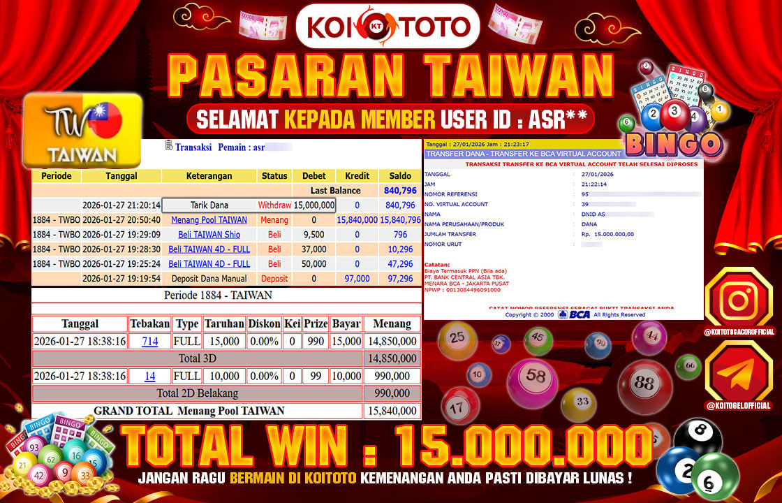 JACKPOT TOGEL !! MENANG BESAR DI PASARAN TAIWAN  SEBESAR Rp 15.000.000 KOITOTO DIBAYAR SECEPAT KILAT !!