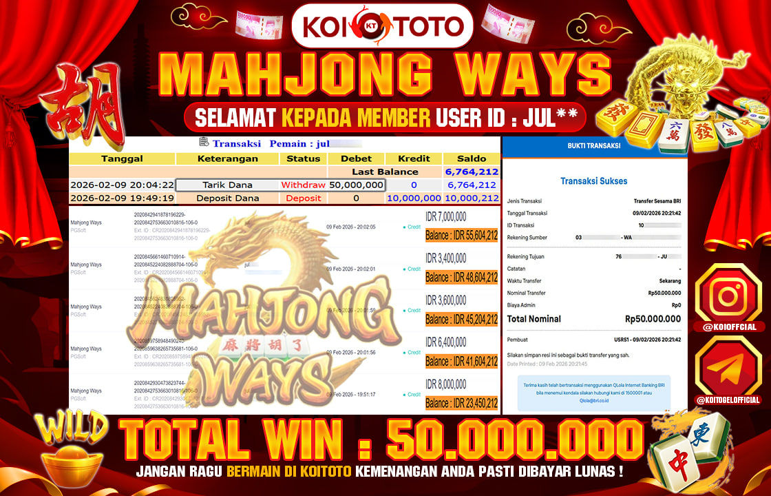 MEGA WIN !! MENANG BESAR DI PERMAINAN MAHJONG WAYS !!! KOITOTO BAYAR LANGSUNG LUNAS SEBESAR Rp 50.000.000 !!!
