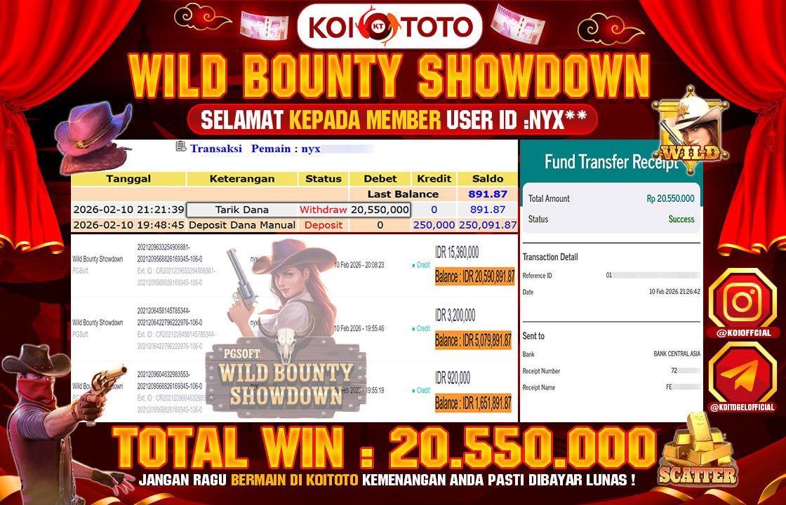 MEGA WIN !! MENANG BESAR DI PERMAINAN WILD BOUNTY SHOWDOWN !!! KOITOTO BAYAR LANGSUNG LUNAS SEBESAR Rp 20.550.000 !!!